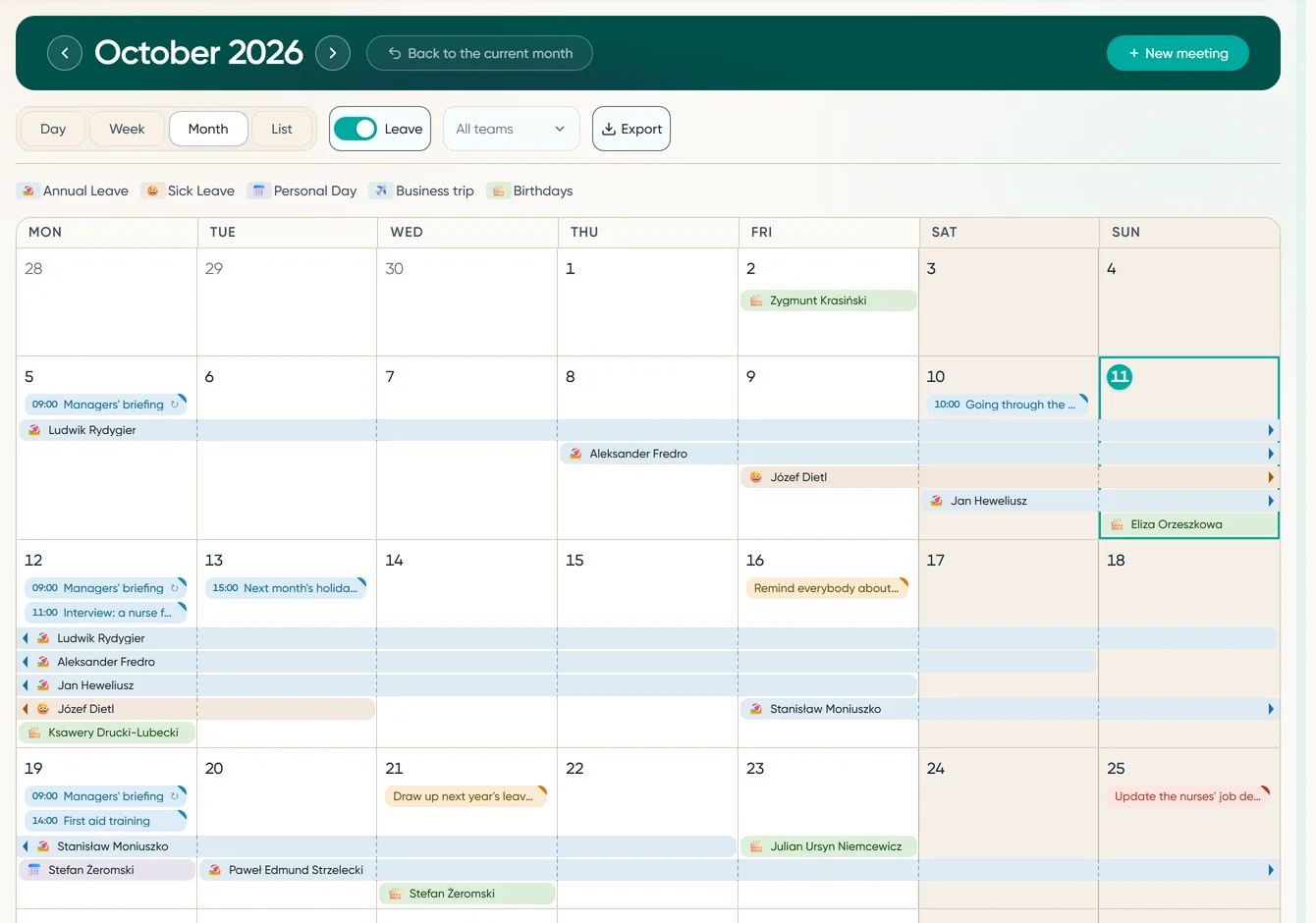 Month calendar: colleagues' leave as bars, meetings and task deadlines