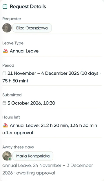 Request details: the balance now and after approval, and who else is away on those days