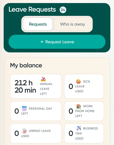 Phone: the "Submit leave request" button and the employee's balance