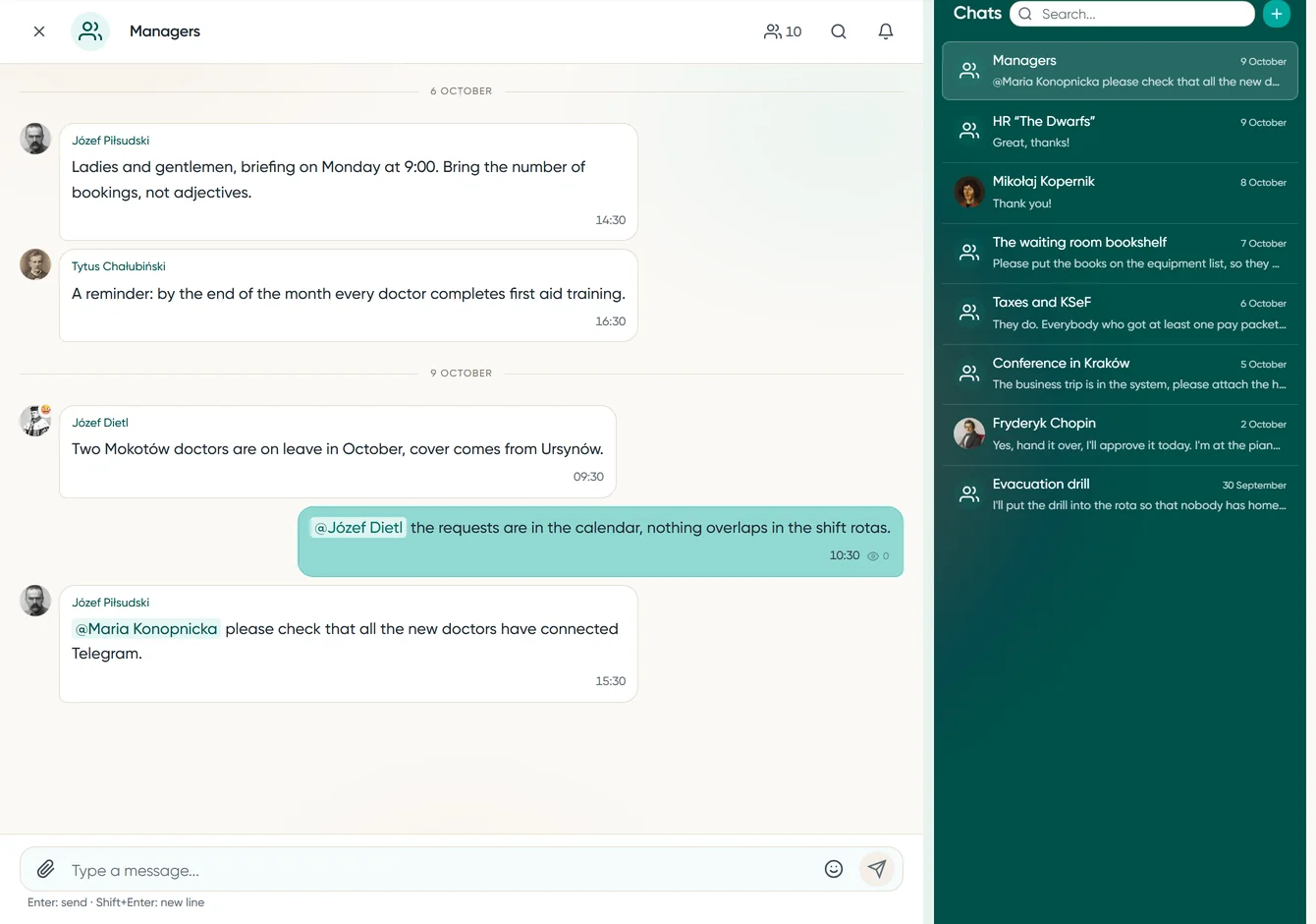 The managers' group chat with mentions