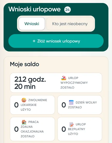 Telefon: przycisk „Złóż wniosek urlopowy” i saldo dni pracownika