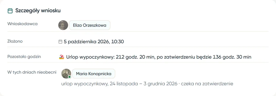 Szczegóły wniosku: saldo urlopu wypoczynkowego teraz i po zatwierdzeniu oraz kto jeszcze jest wtedy nieobecny