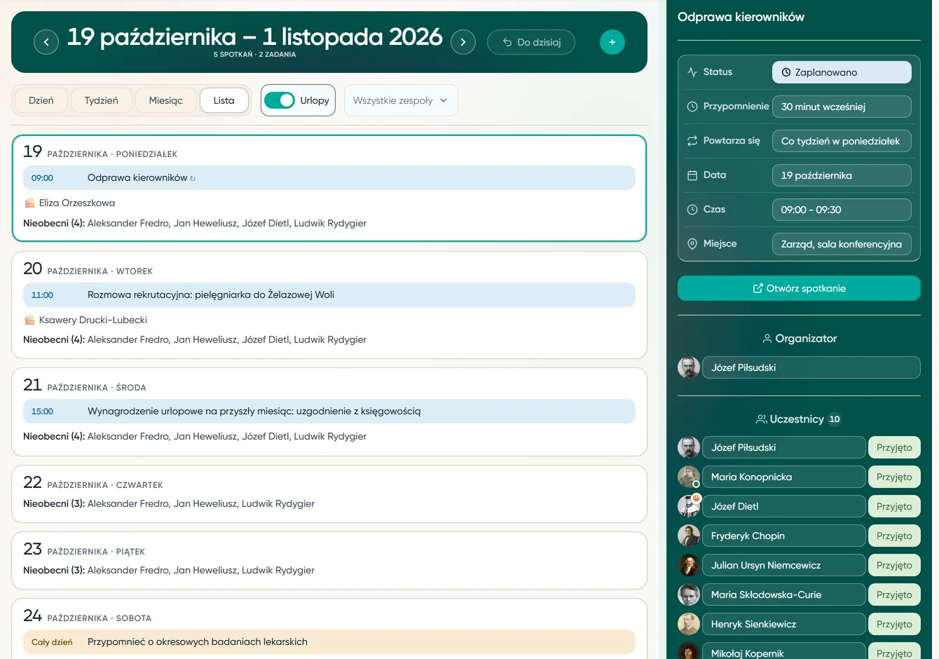 Kalendarz spotkań i panel cotygodniowej odprawy kierowników z listą uczestników