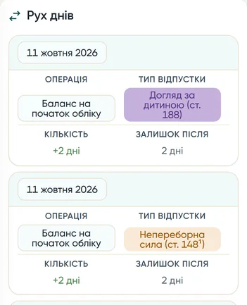 Рух днів однієї людини: нарахування, списання за заявками, залишок після кожної операції